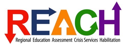 Un logotipo para un REACH. Rojo R, Azul E, Naranja A, Verde C, Púrpura H. REACH son las siglas de Regional Education Assessment Crisis Services Habilitation.